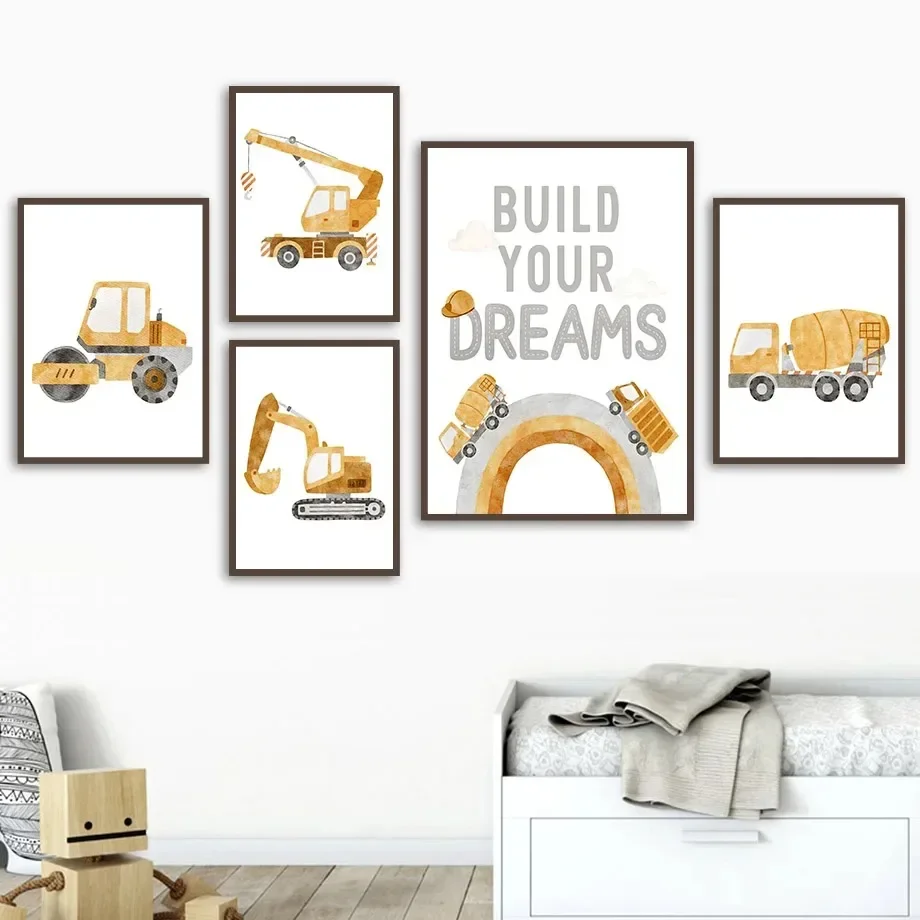 Excavator Cartoon Wall Art, Kindergarten Decorations, HD Canvas Print Posters, Home, Children's Room Hanging Paintings