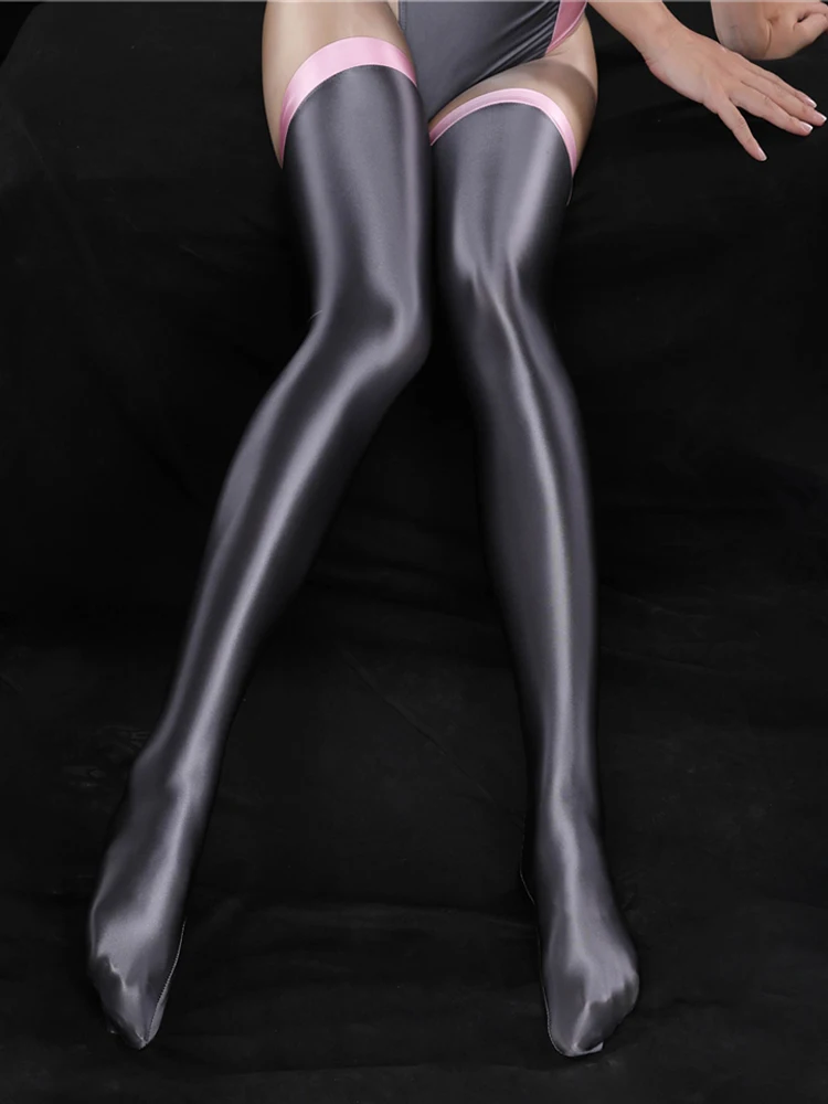 Sexy Women Patchwork Oil Glossy Shiny High Stocking Satin Smooth Vintage Tight Shaping Stockings Overknee Dance Wear