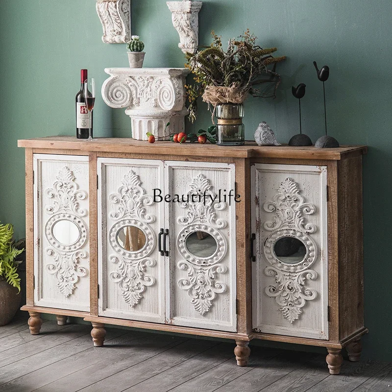 

3American country old carved dining side cabinet solid wood door dining room bedroom storage locker