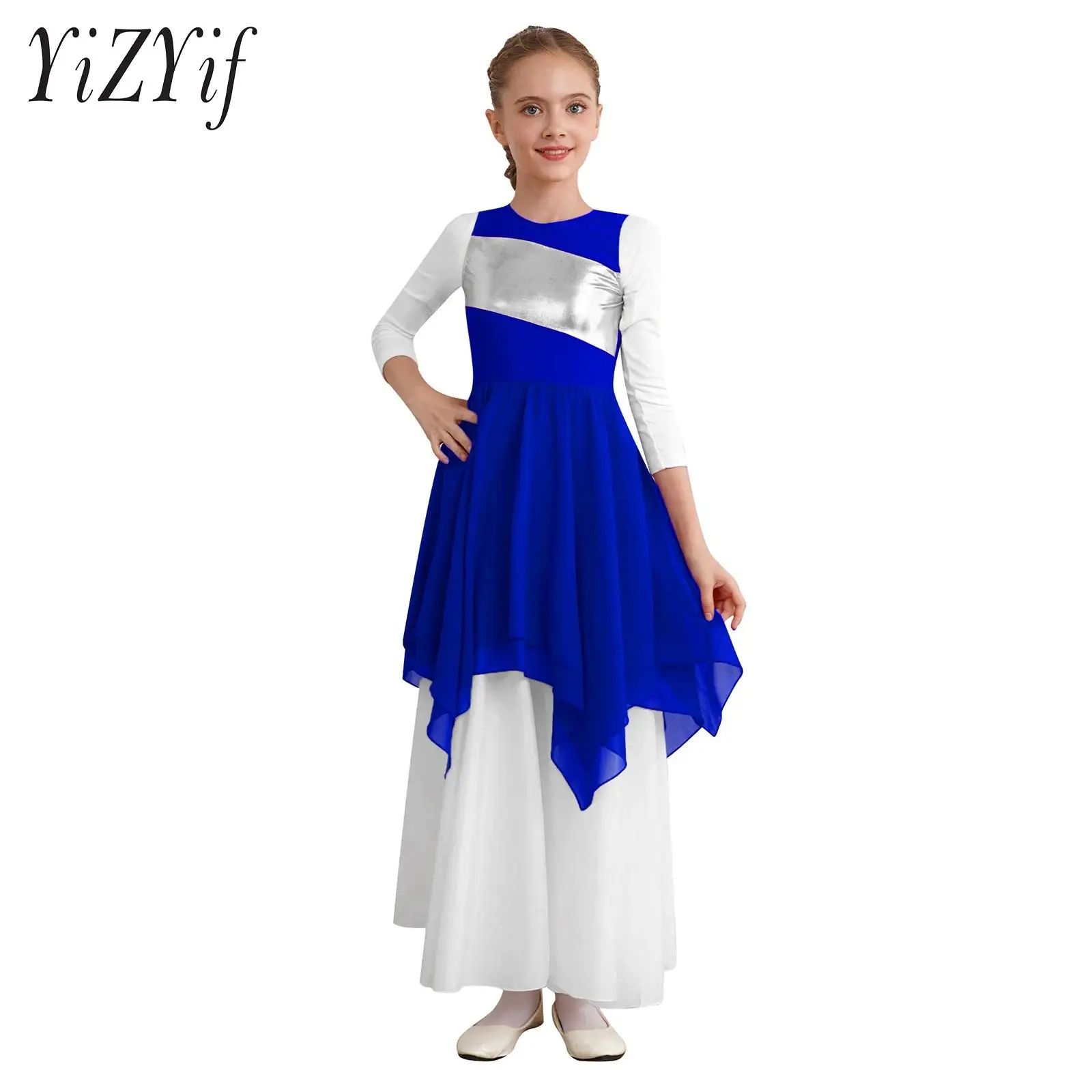 Kids Girls Lyrical Dance Dresses Costume Color Block Sleeveless Zipper Asymmetric Hem Chiffon Skirt for Liturgical Celebration