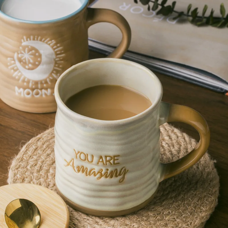 450 Irregular Retro Mug American Style Coffee Special Cup With Lid Spoon Light Luxury Mug Large Capacity Ceramic Tea Cup