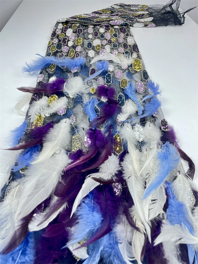 

Luxury 3D Feather African French Heavy Lace Fabric High Quality Sequins Beads Nigerian Lace Fabric For Wedding Dresses