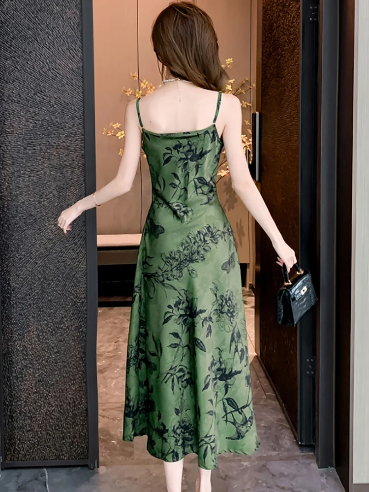 Women Green Floral Chic V-Neck Sexy Sling Long Dress 2024 New Satin Luxury Party Evening Dress Summer Korean Elegant Prom Dress