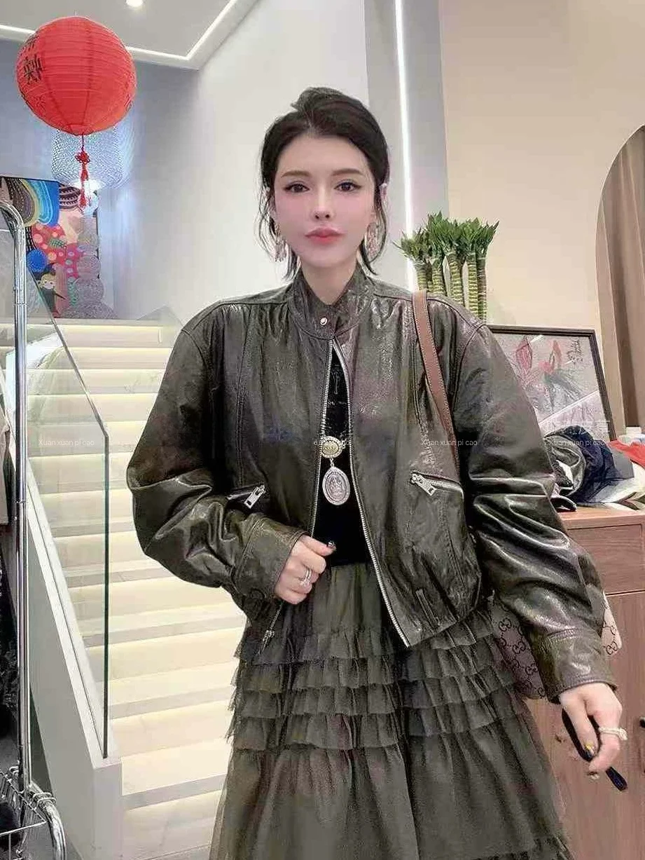 

Ning 2026 New Sle Women's ort Leather Jaet eepskin Coat High-End Feel Small Size Genuine Leather Commute Sle