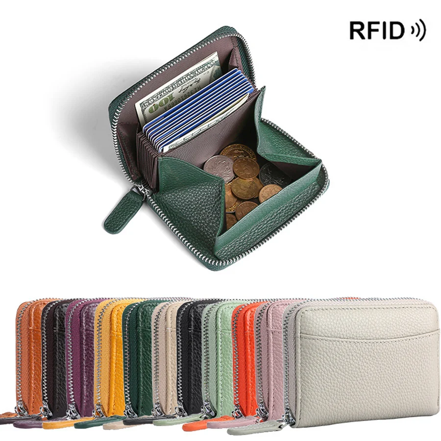 

Woman/Mens Anti-Theft Brush Card Bag Leather Business Card Holder Zipper Coin Purse Luxury Wallets for RFID Protection Carteira