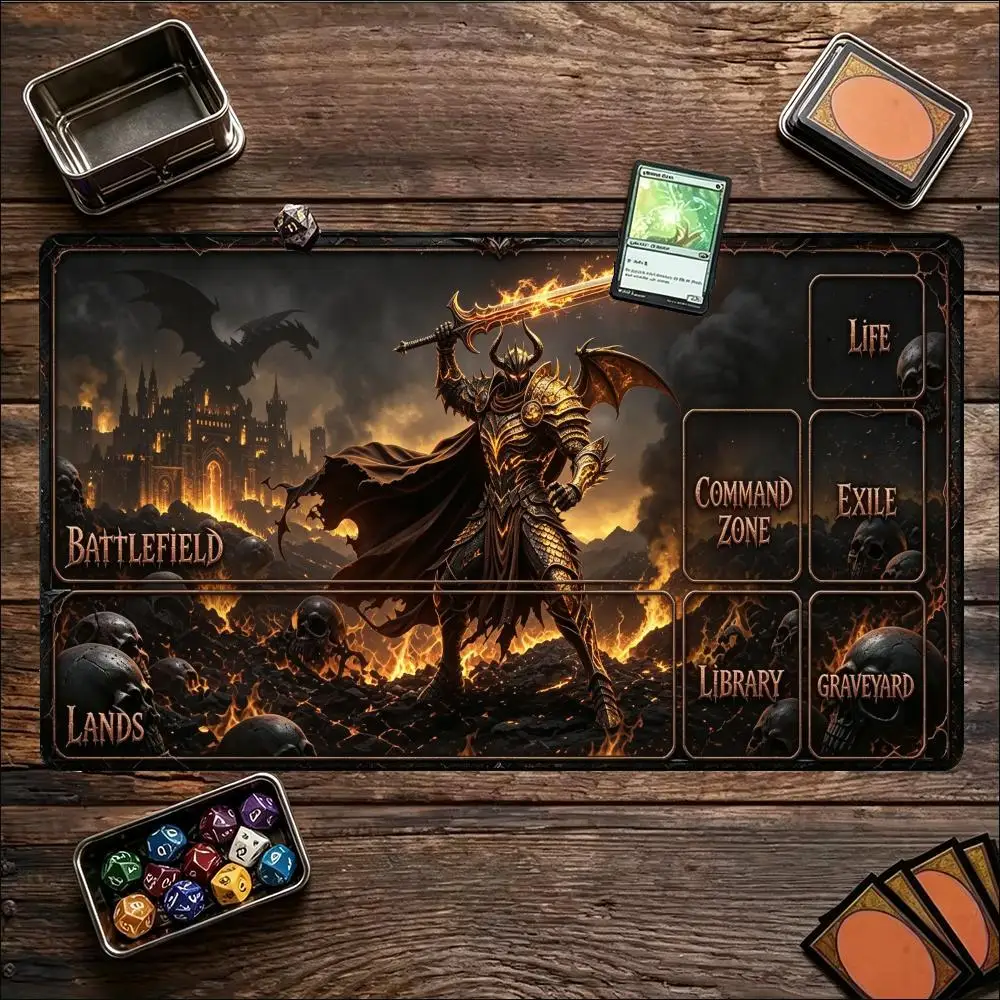 Golden Dark Knight Flaming Sword Burning Castle Skull Large Gaming Playmat Non Slip Rubber Base XXL Desk Mat for Computer Gamers