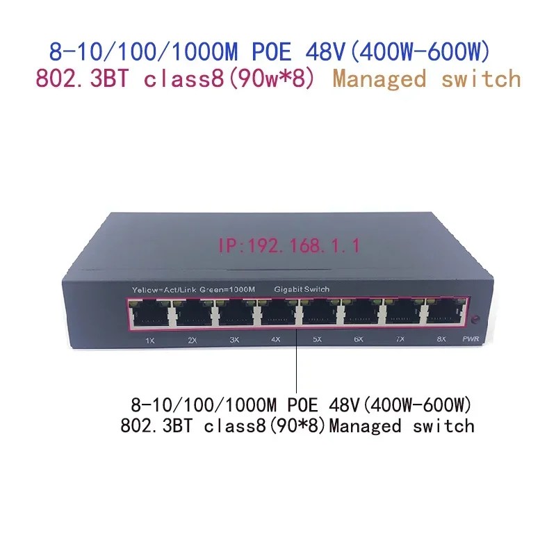Conmutador administrado de 8 puertos 10/100/1000M POE 48V(400W-600W) 802.3BT clase8(90W.8)