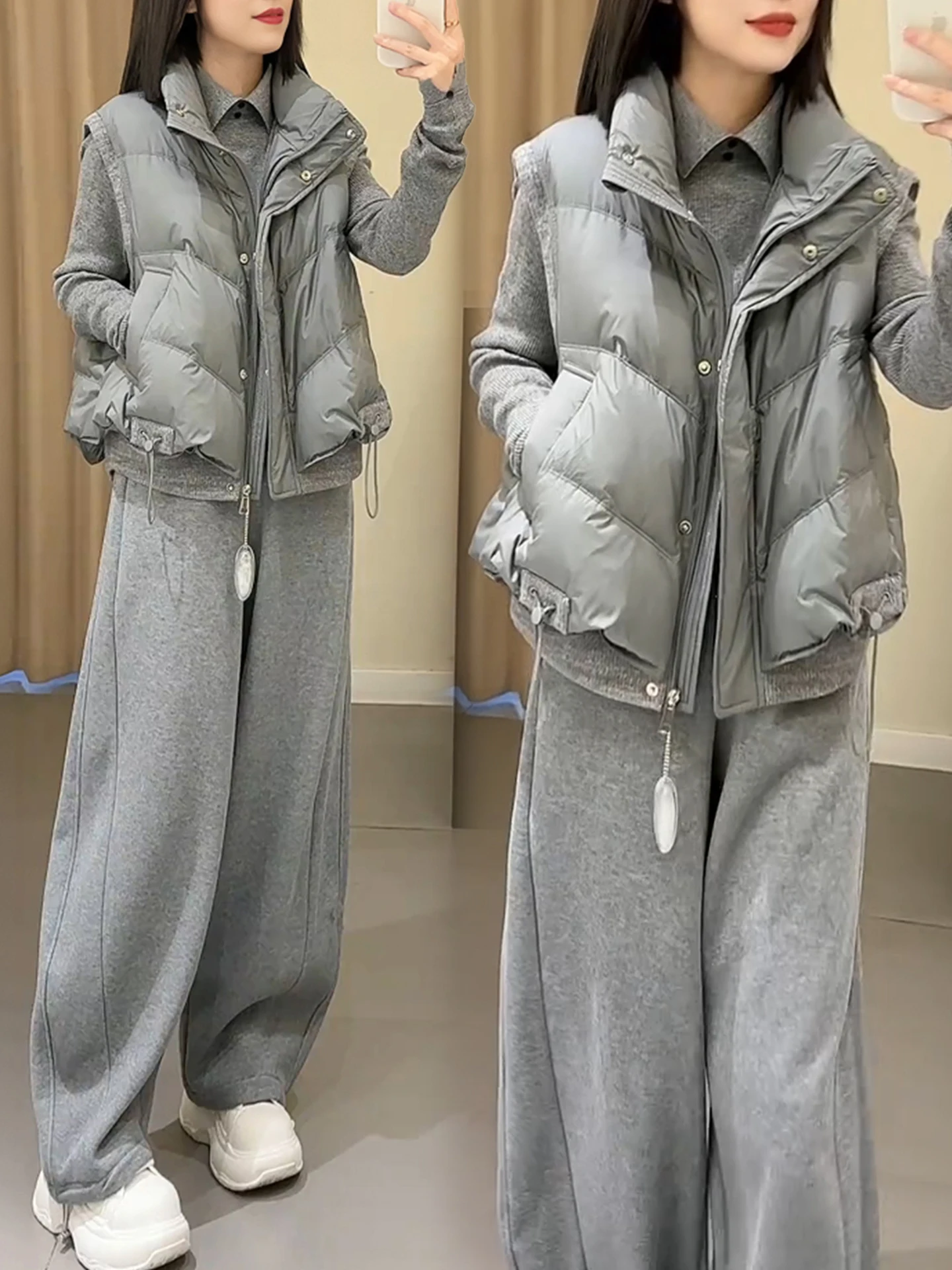 

Elegant Three-Piece Set Women's Casual Cotton Jacket with Collar Upper Body And Long Pants Warmth Autumn Winter Fashion