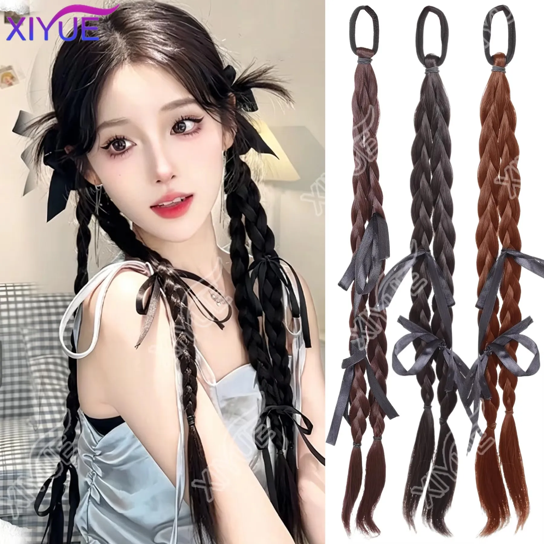 Twisted Braid Hair Rope Ribbon Bow Soft Synthetic False Braided Ponytail Extensions with Hair Ties Women Hairpieces XIYUE