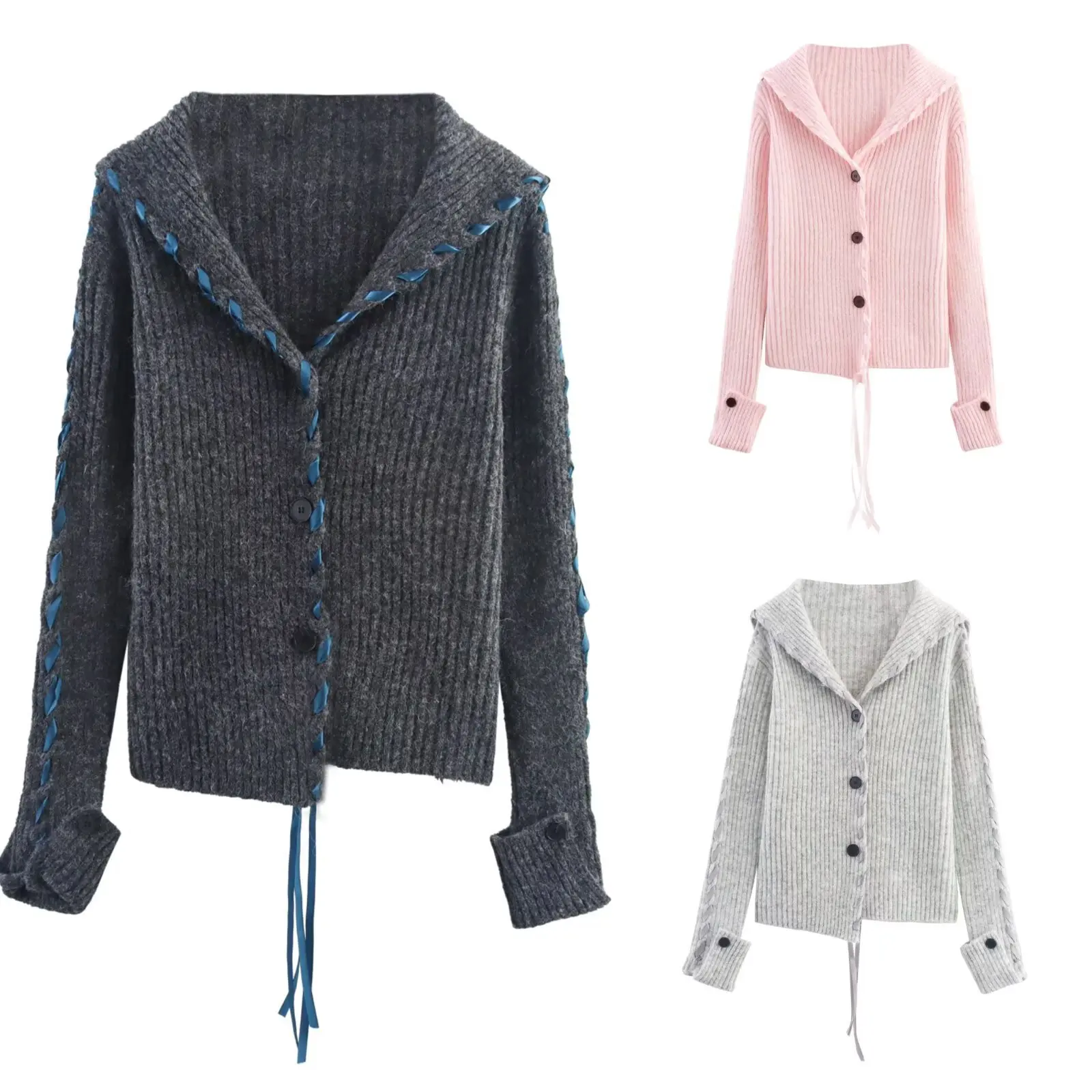 

European knitted streamer sweater jacket early autumn retro temperament new top age-reducing knitted cardigan
