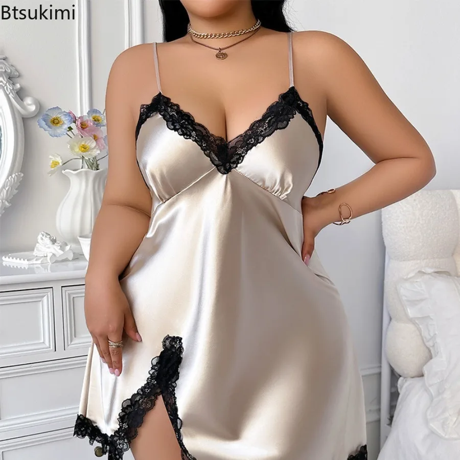 Oversize 5XL Women Sleepwear Split Nightgown Sexy Lace Trim Lingerie Backless Mini Dress  Summer Thin Ice Silk Casual Sleepshirt