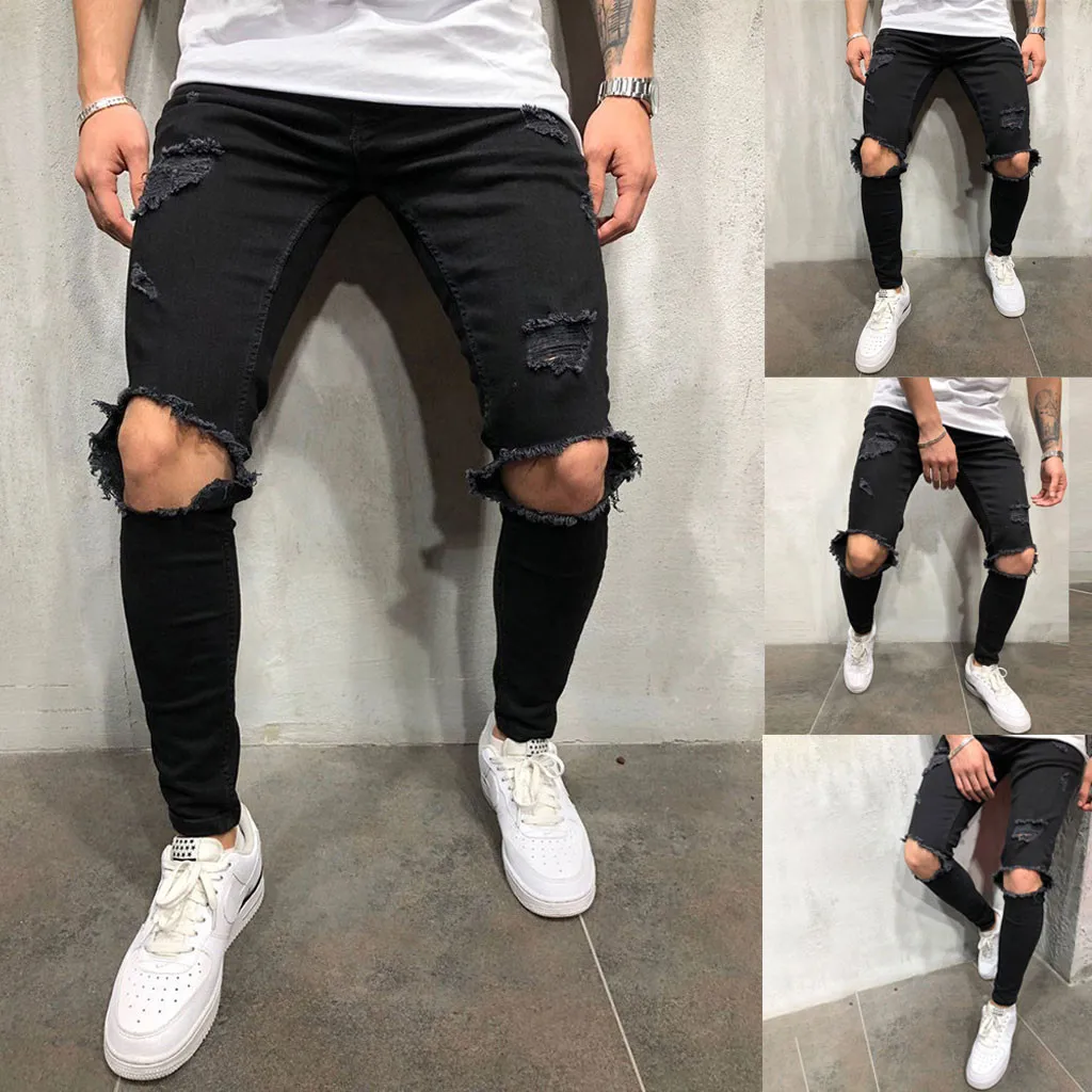 Men Pure Color Hole Denim Vintage Wash Hip Hop Work Trousers Jeans Pants Pants for Men Relaxed Fit