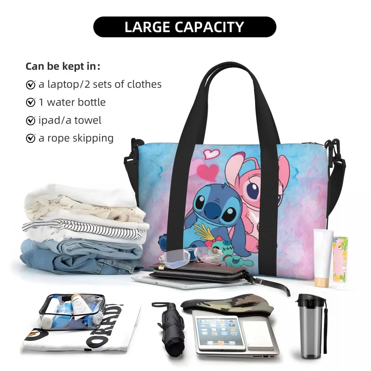 Custom Stitch Angel Beach Tote Bag Women Anime Big Compartment Beach Gym Travel Bags