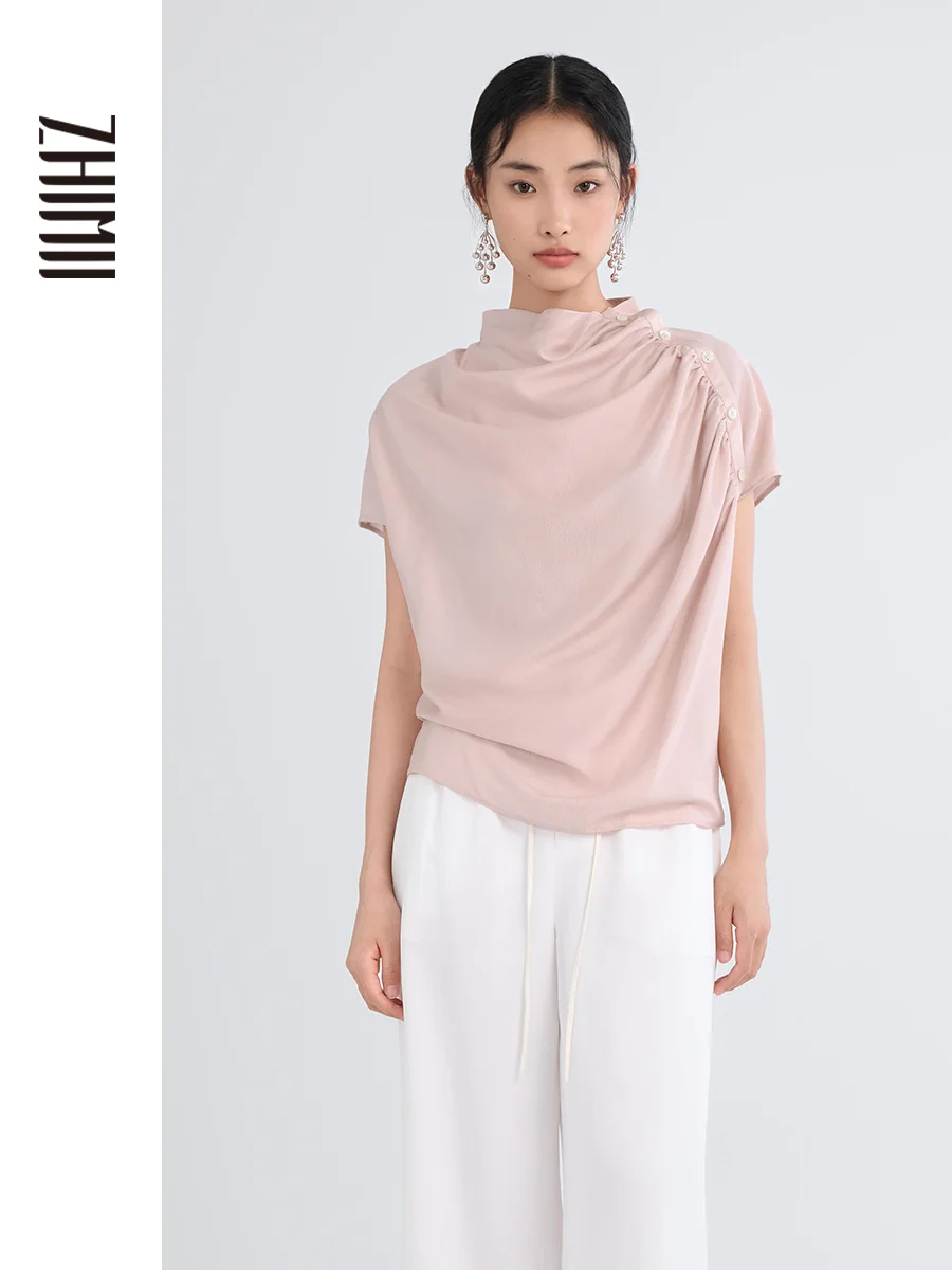 

Zhimii Asymmetrical Silk irt Women's ort Sve round Ne Dry Tead True Silk irt Pink Color Commute Sle Regular Fit
