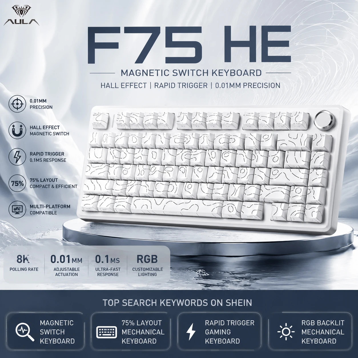 AULA F75 HE Hall Magnetic Switch Keyboard 4000mAh Battery Hot Swap Gasket Tri-mode Wireless RGB PBT Esports Mechanical Keyboard