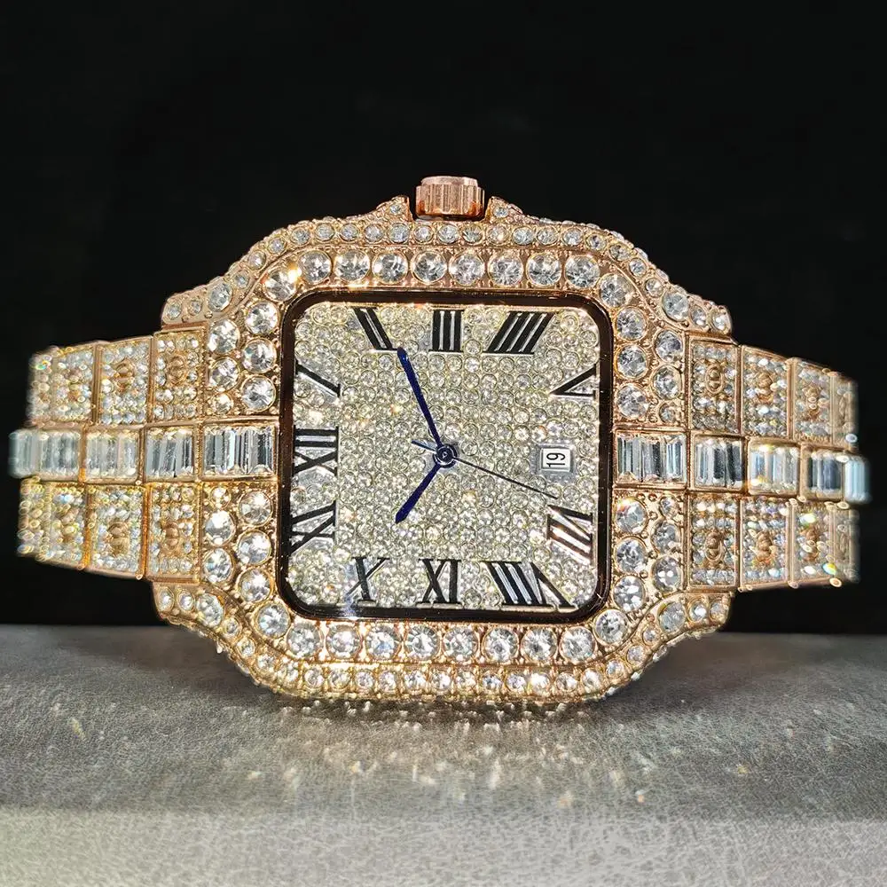 حار بيع مثلج ساعة للرجل موضة ساحة ساعة كوارتز الهيب هوب مستطيل الماس والمجوهرات ساعة معصم الرجال هدية Reloj Hombre