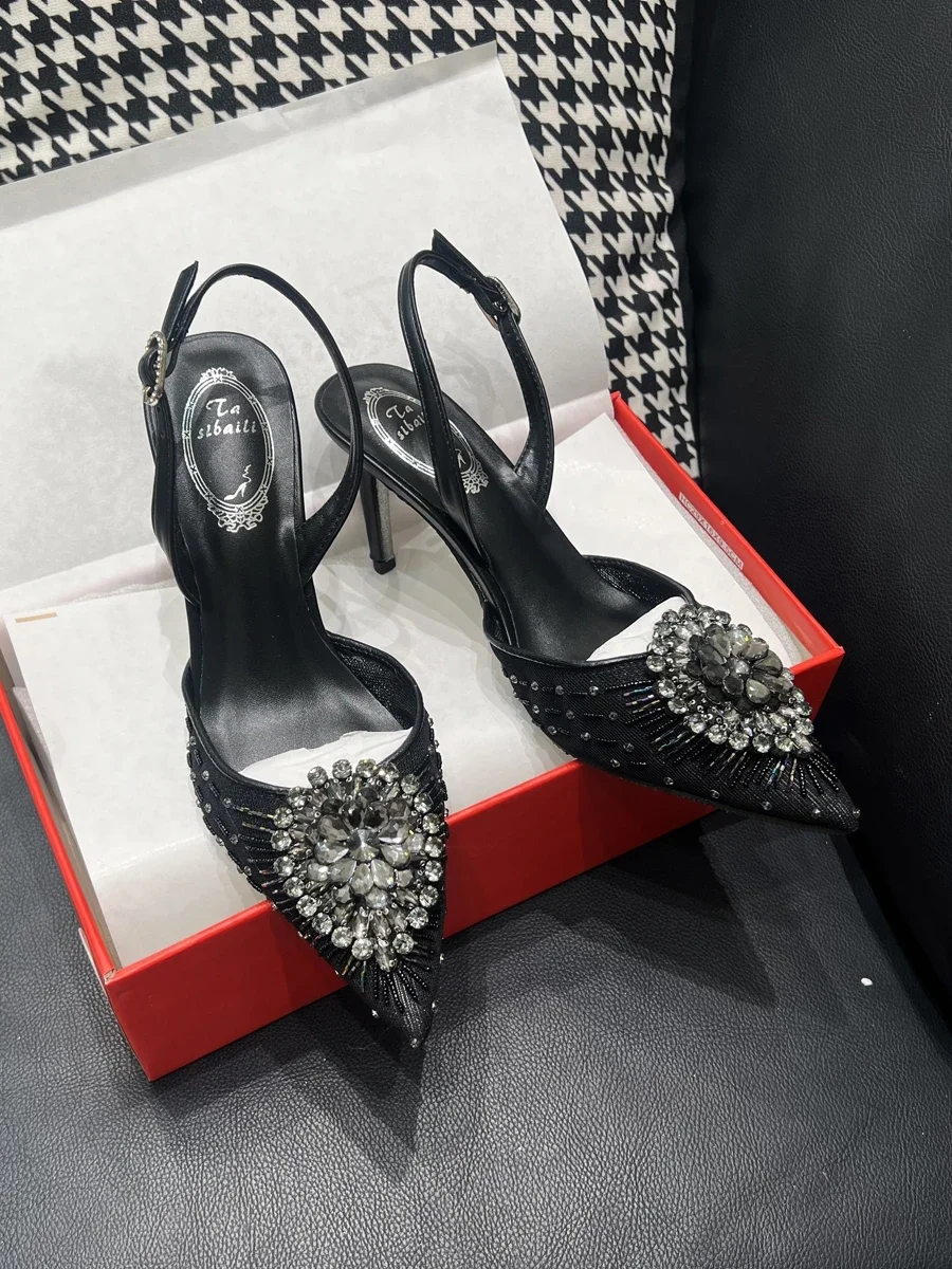 Sandali estivi con una linea di diamanti tacchi alti da donna scarpe di cristallo con tacco sottile nero sandali Sexy da donna