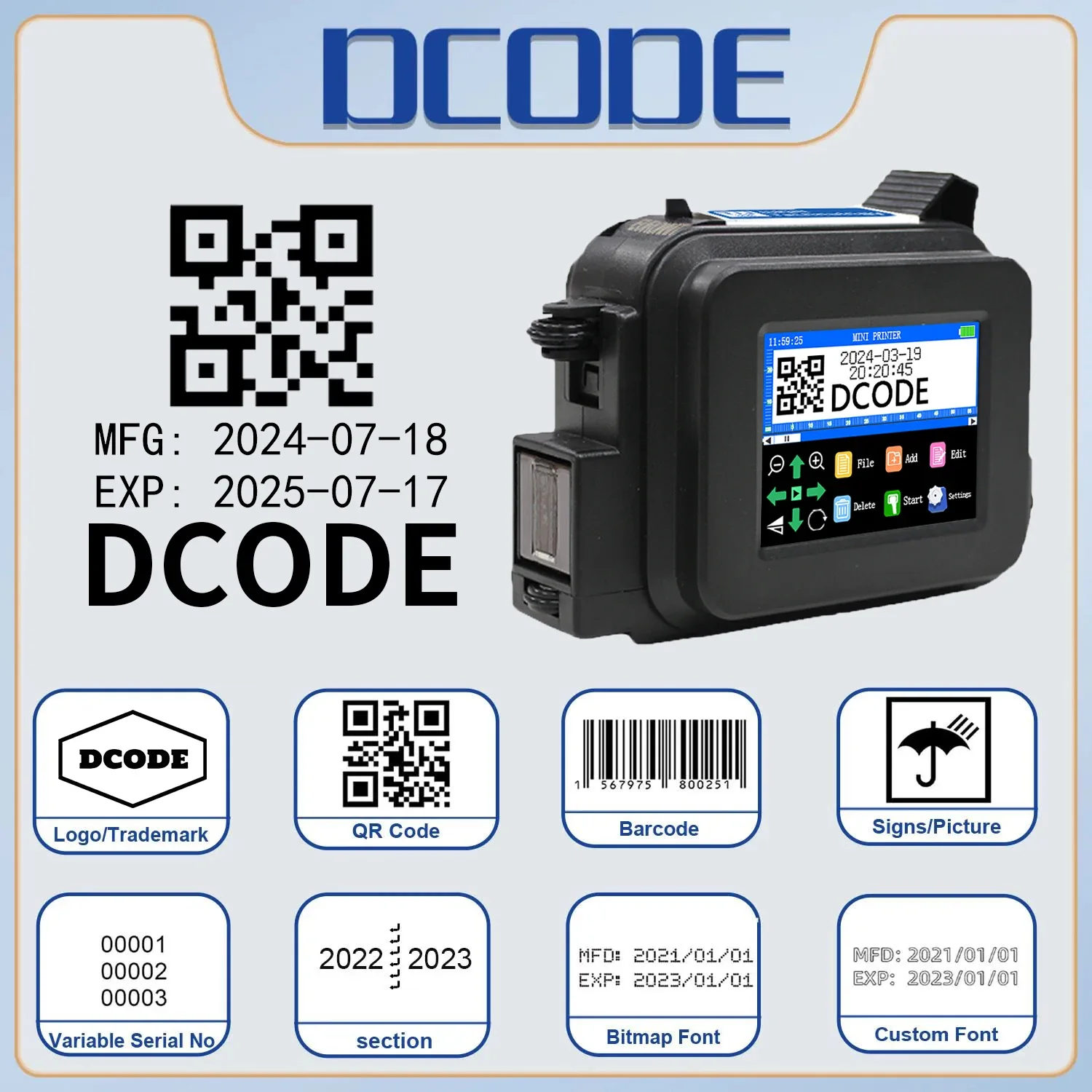 DCODE XMINI 12.7mm Portable Mini Handheld Thermal Inkjet Printer Handy Text QR Barcode Batch Number Image Logo Date Label Coder