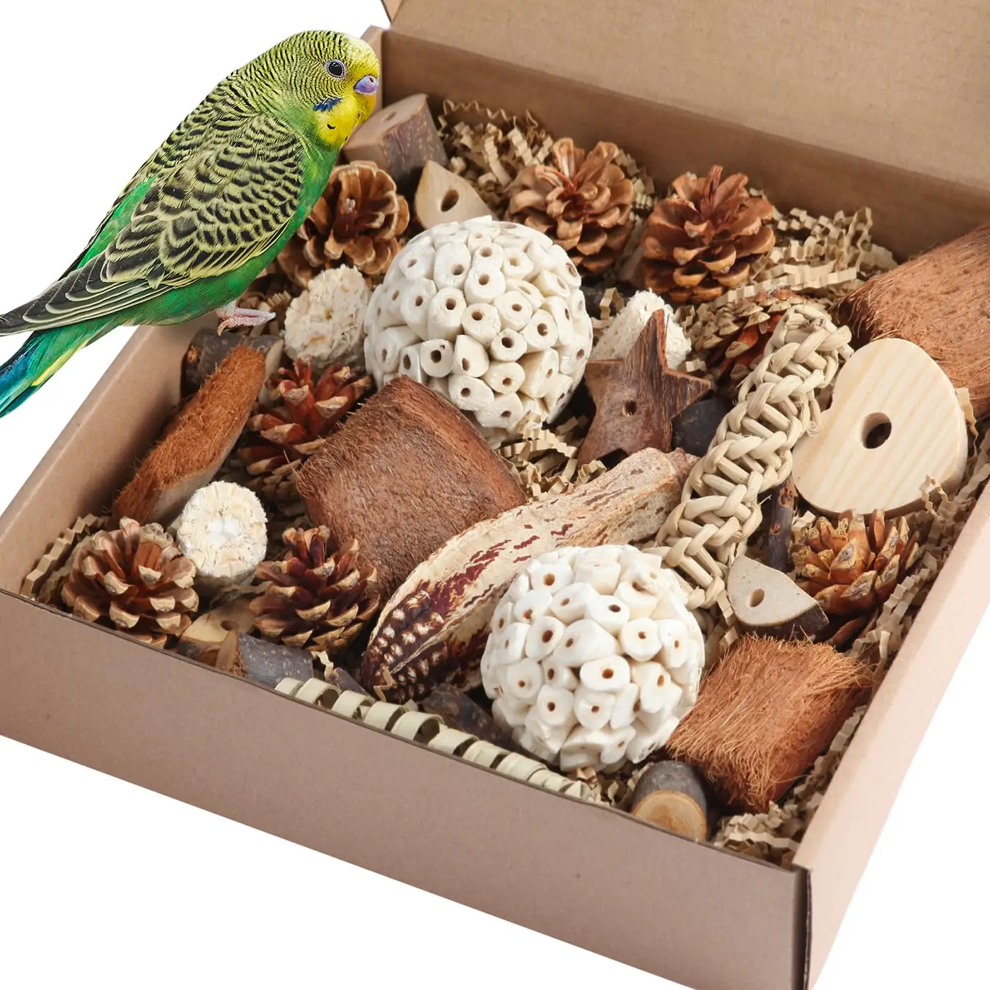 Juguetes para pájaros, loros, caja de forrajeo de pájaros naturales, juguetes para pies para periquitos, cacatúas, conures, pájaros de amor y otros pájaros pequeños a medianos