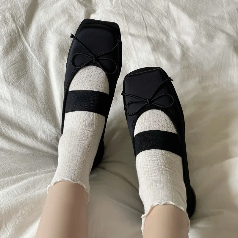 

High Quality Square Toe Elastic Band Bow Mary Jane Shoes for Women 2026 New Ballet Style Shallow Mouth Single Shoes Commuting