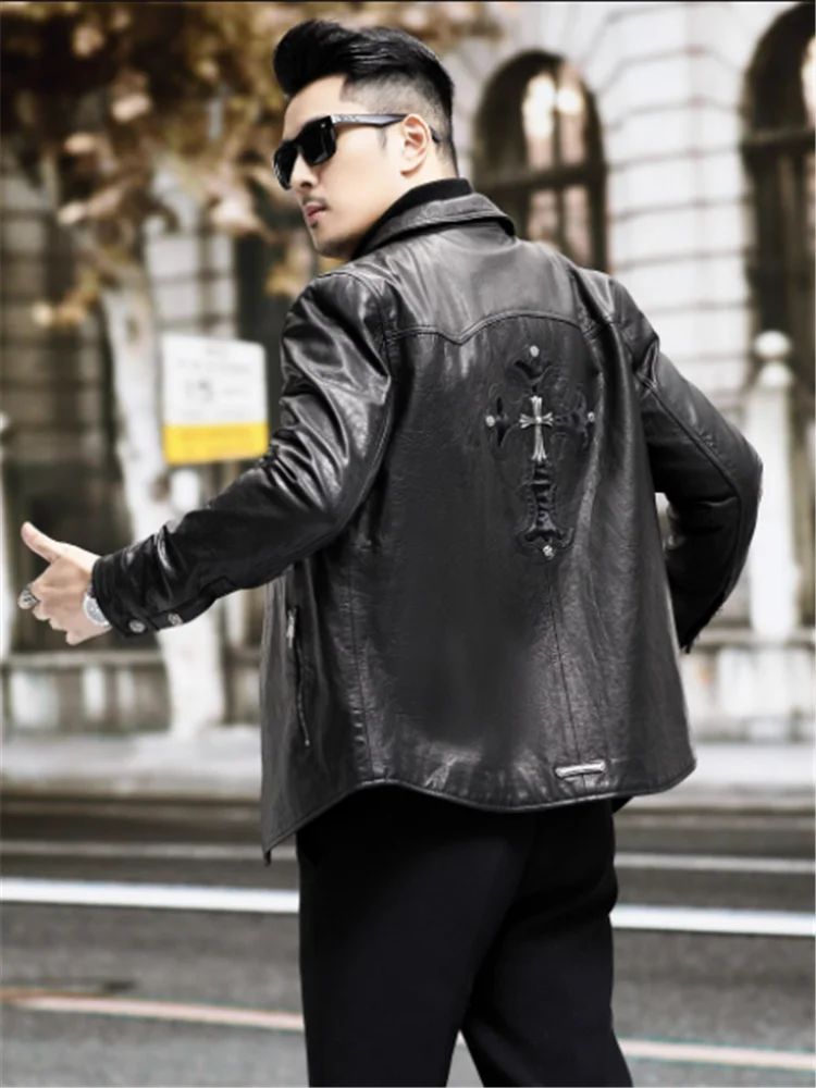 

2023 Leather men's high-end fashion punk style embroidered sheepskin jacket with head layer slim short coat