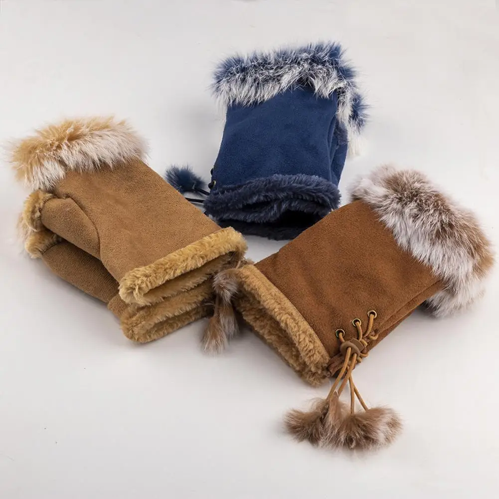 1 Pair Women Winter Mittens Adjustable Drawstring Plush Faux Fur Student Writing Gloves Keep Warm Fingerless Typing Mittens
