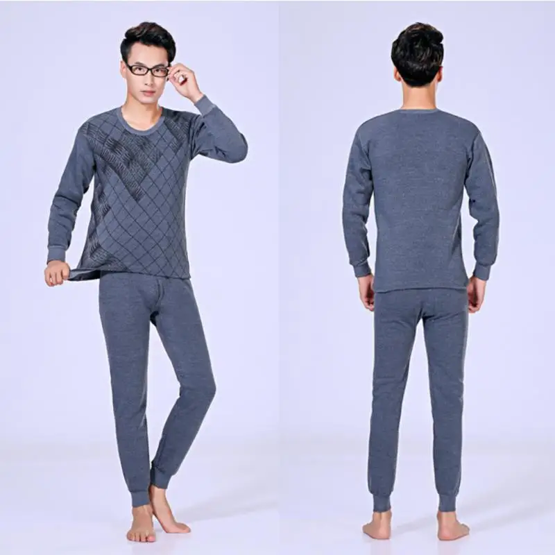 2023 Men Winter Thermal Underwear Set Seamless Solid Color Long Johns Suit Male Warm Round Neck Tops+Pants Long Trousers Suit