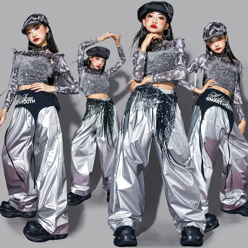 Girls K-pop Sequin Shiny Crop Shirt Cargo Pants Child Street Dance Costume Kids Hip Hop Streetwear Jazz Girl Group Clothes Set