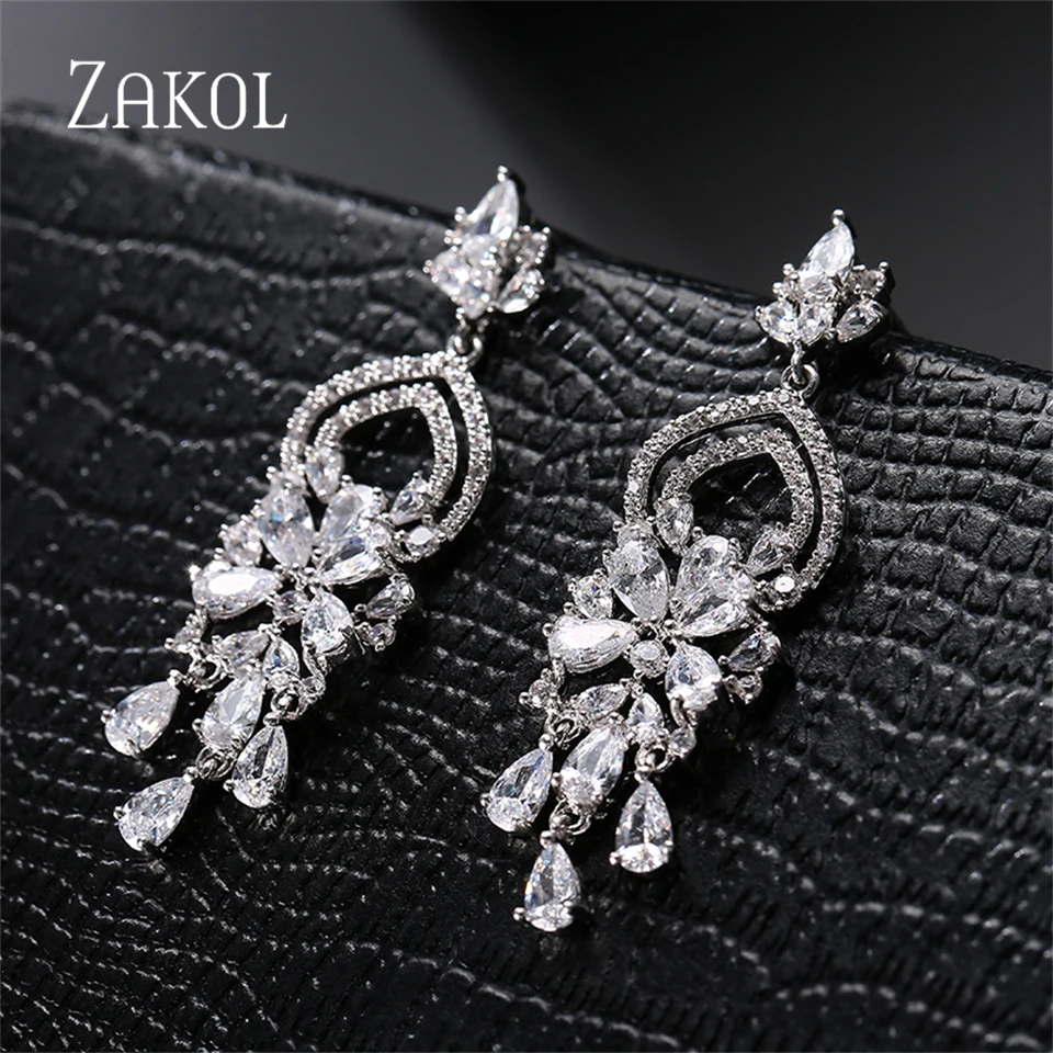 ZAKOL New Heart Zircon Pendant Earrings For Women Long Hollow Crystal Inlay Drop Earring Luxury Bridal Wedding Jewelry Gifts