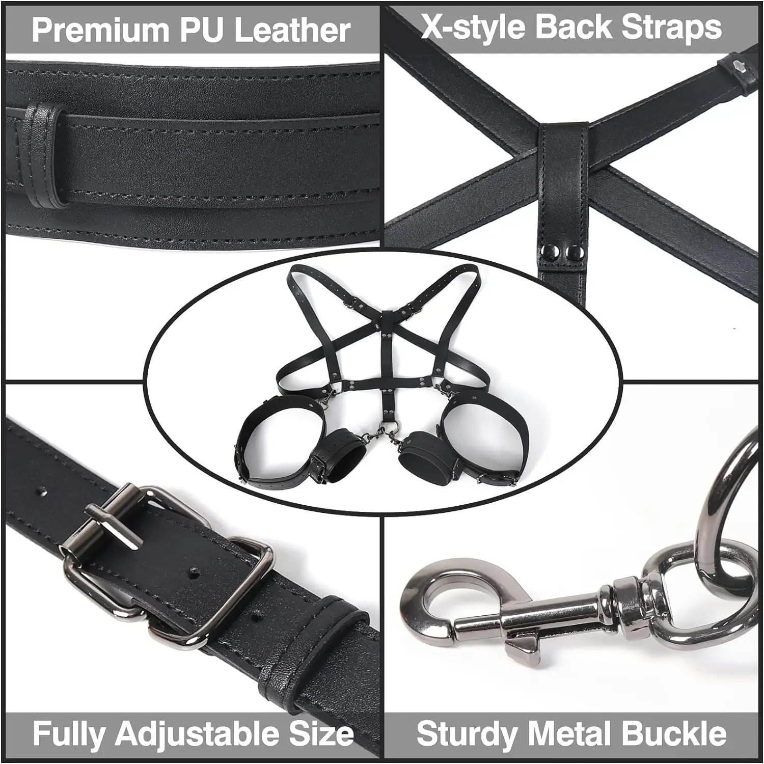 

BDSM Sex Bondage Restraints Kit, 3 in 1 Leather Thigh Sling Breasts Belt Behind Back Handcuffs, SM Slave Fetish