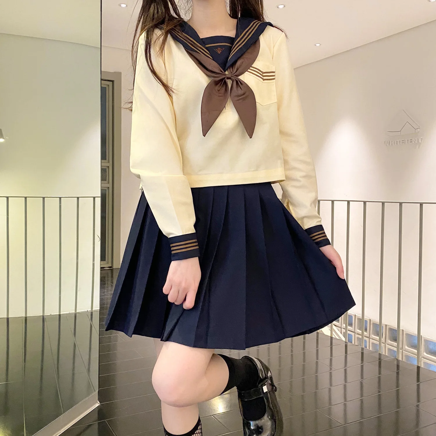 

Japanese School Uniform Girls Jk Suit S-2XL Yellow Three Books Basic Sailor Uniform Bow Tie Women Pleated Skirt Suit