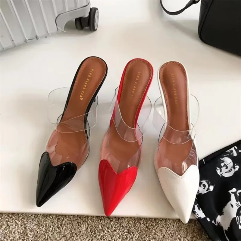 Women Patent Leather PVC Pumps Stiletto Sandals Pointed Toe Straps Heart Detailing At The Toes High Heel Slippers Wedding Shoes