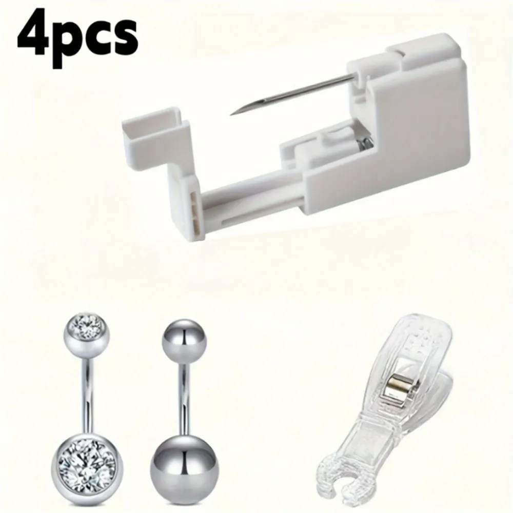 4pcs Professional Belly Button Piercing Kit with Safe Gun & Stainless Steel Needles - Ideal for Men & Women