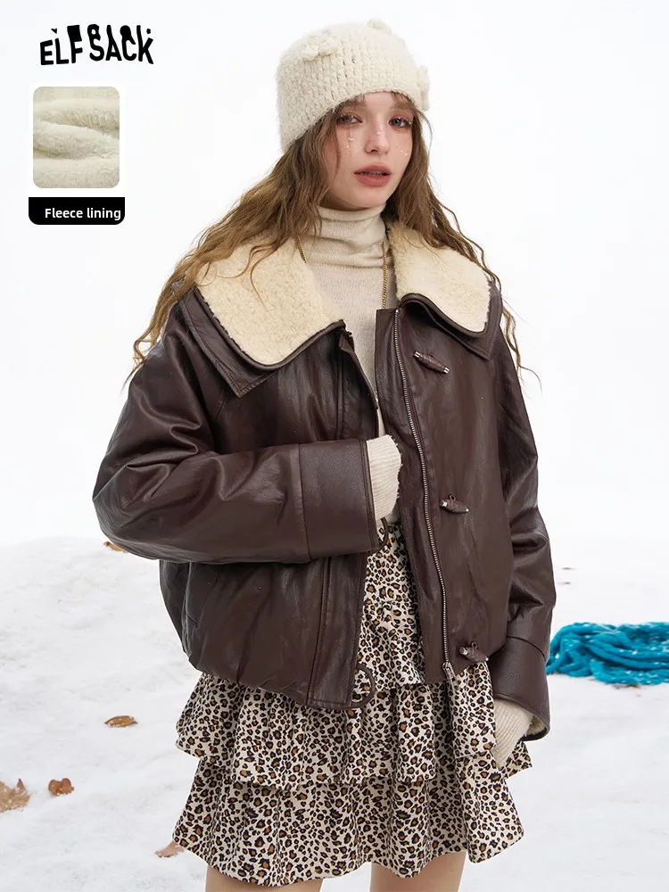 

Ele Brown Faux Leather Jaet Women's Winter Coat Fluffy Collar Casual Sle Long Sve Polyester Fiber Youth Faion