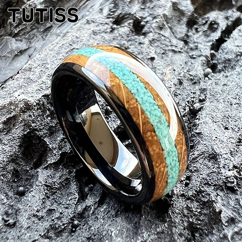 TUTISS 8MM Amazing Whiskey Barrel Oak Wood Ring Men Women Fashion Tungsten Wedding Band Crushed Turquoise Inlay