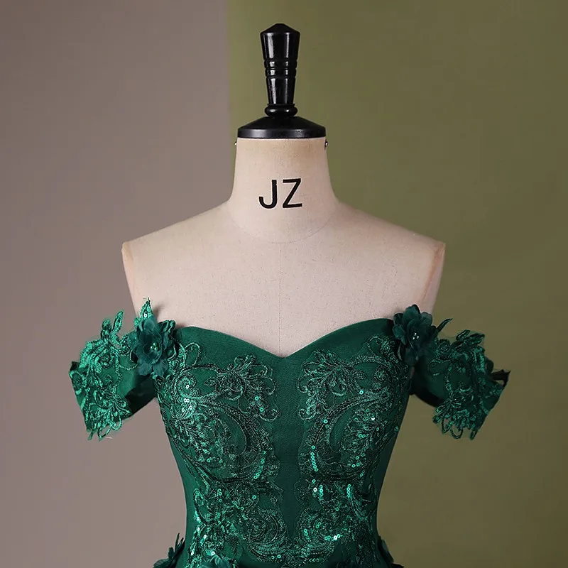 Vestido De quinceañera verde oscuro con apliques De hombros descubiertos, vestido De fiesta De graduación, vestido De baile De encaje con tren pequeño, 15