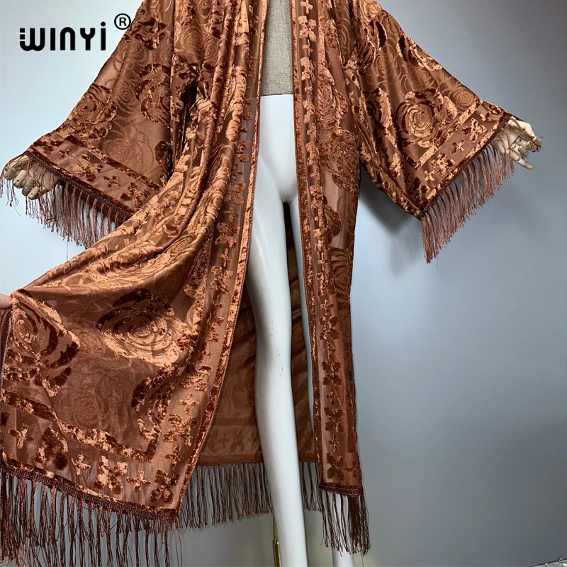 WINYI boho Kimono Personality perspective tassel cardigan for woman beach outfit kaftan beach cover up evening dress maxi coat