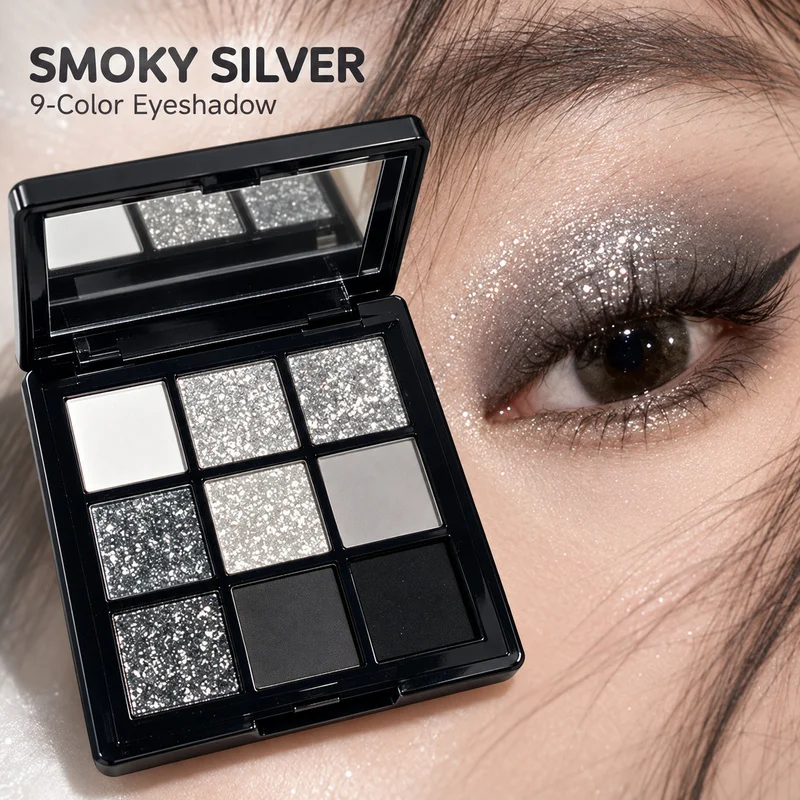 Paleta de Sombras ErshiQi 9 Cores Prata Fumê, Preto, Cinza, Glitter, Brilho e Matte, Alta Pigmentação, Fácil de Esfumar, Looks de Maquiagem