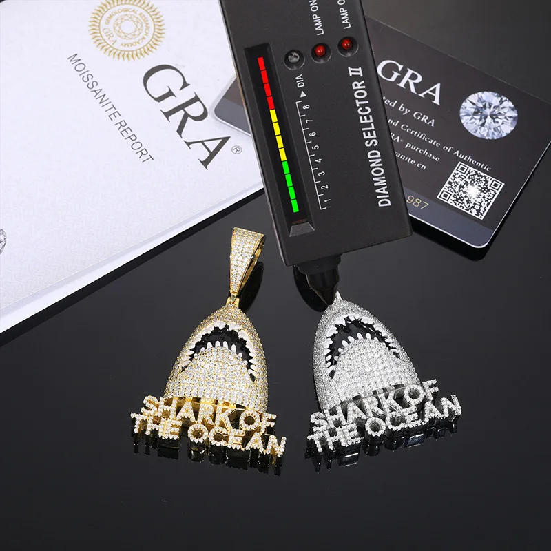 S925 silver inlaid moissanite pendant shark pendant high-quality trendy hip-hop accessory