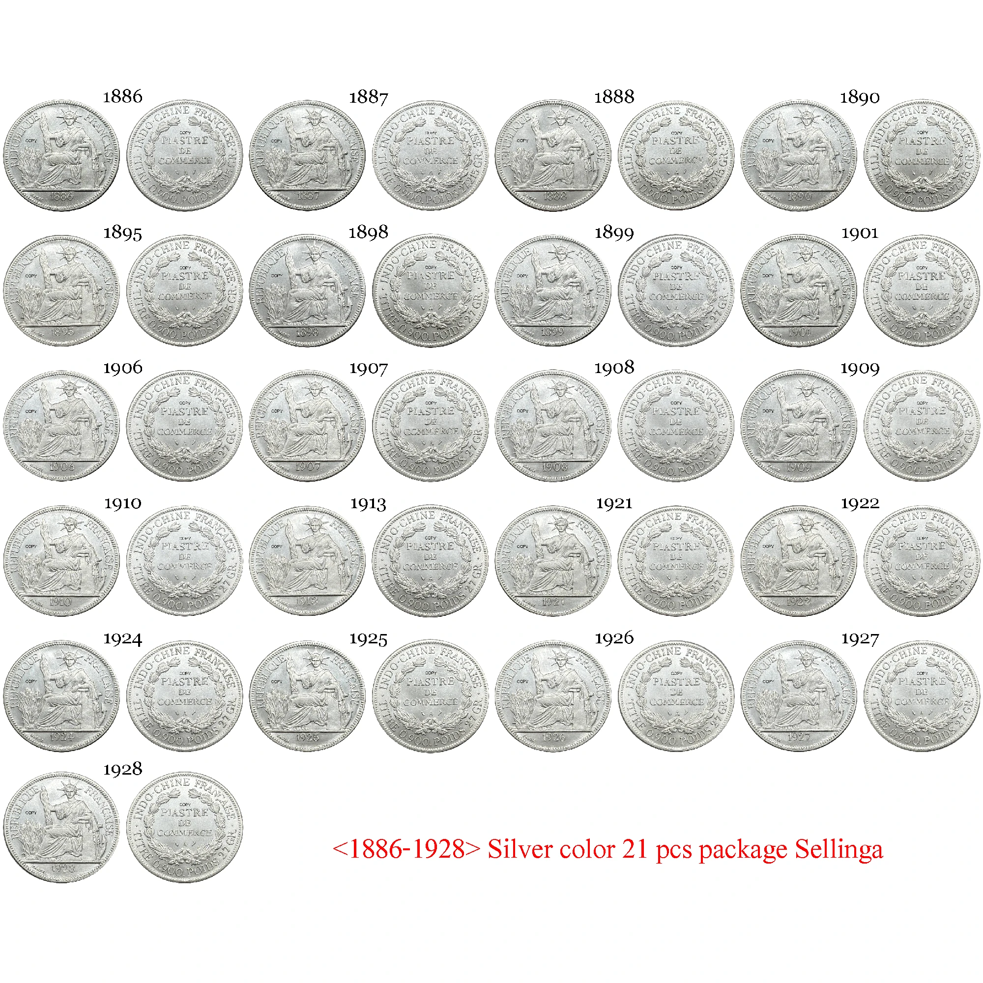 French Indochina 1886 - 1928 21 Pcs Selling 1 One Piastre France Silver Plated Copy Commemorative Coin Moneda Collectible Coins