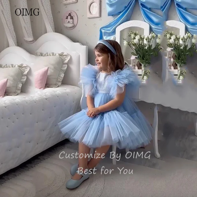 OIMG-vestidos de niña de flores con bola azul brillante, vestido de princesa con cuello redondo, vestido de fiesta de boda hasta la rodilla, vestido de princesa para cumpleaños personalizado