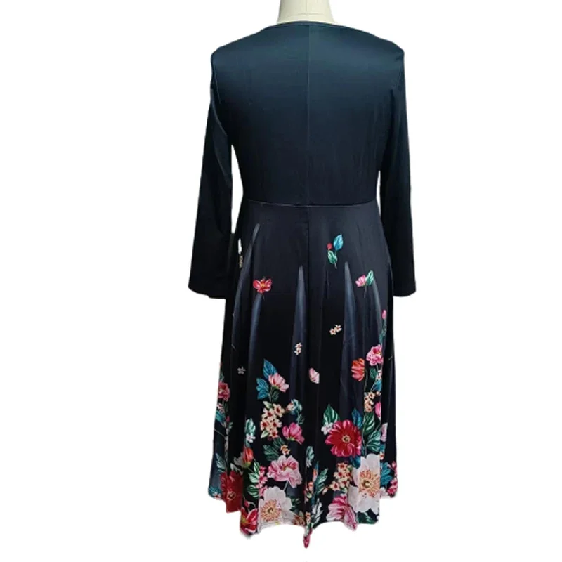 Vintage Floral Printed Elegant Fashion Party Dresses for Women High Waist Long Sleeve Fake Two Pieces Midi Dress Female Clothing