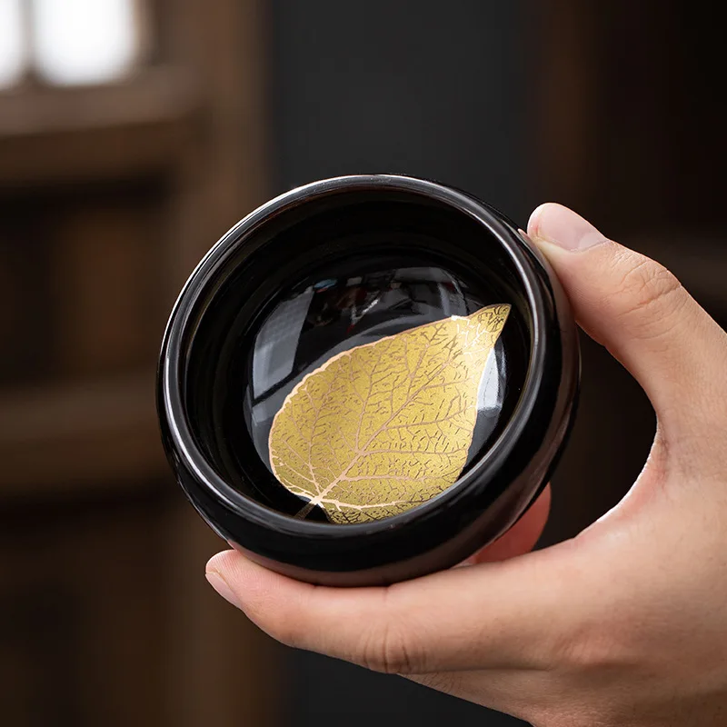 Iron Tire Gold Wood Leaf Black Porcelain Jian Zen Meditation Home Master Tea Tasting Single Cup Large