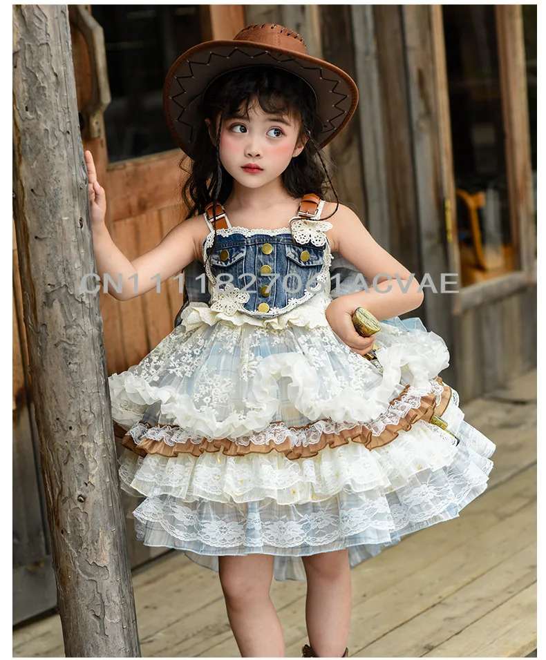 

Girls Denim Mesh Patchwork Slip Dress cosplay Kids Summer Sleeveless Lace Trim Tutu Gown Birthday Party Princess Dresses