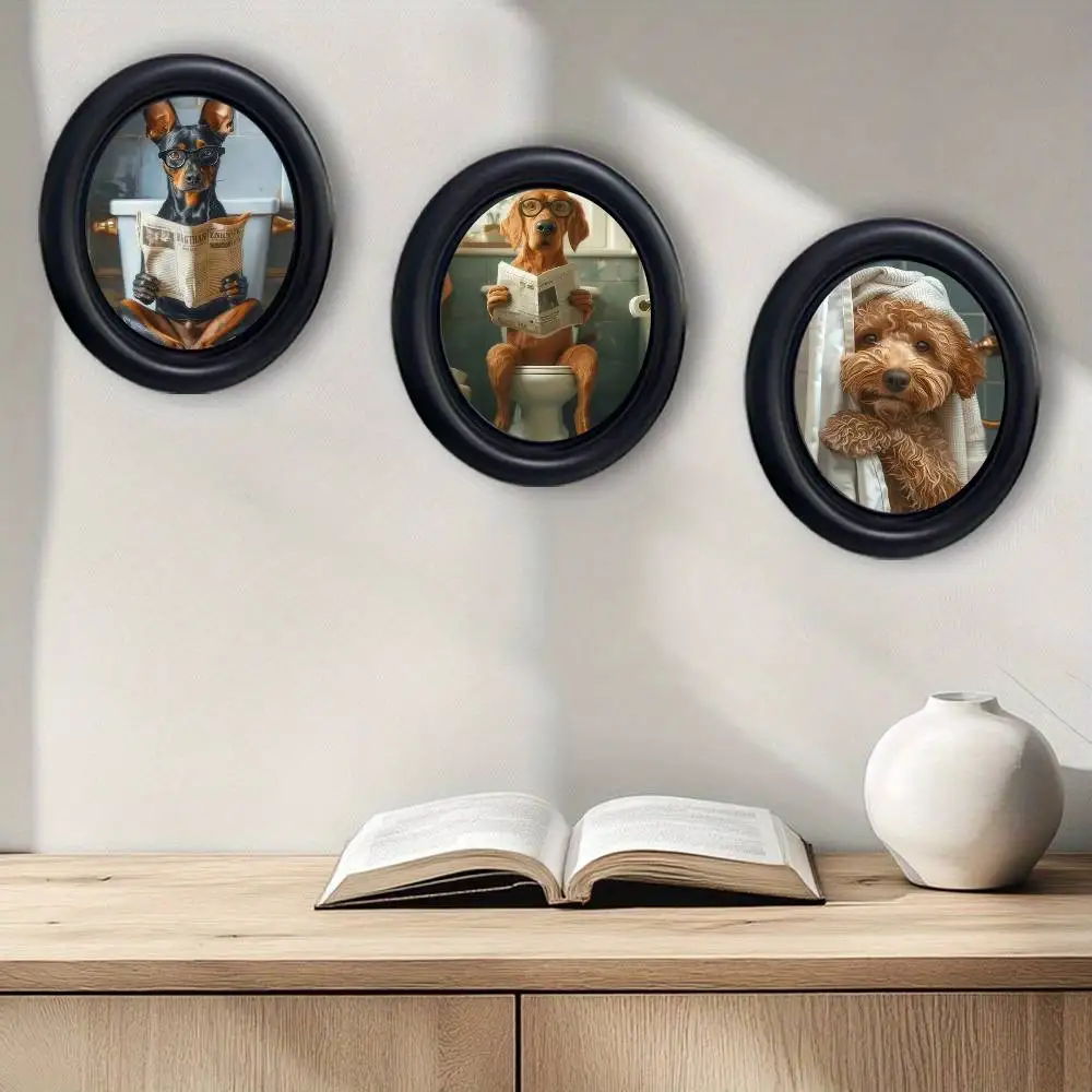 Dog Diamond Painting Cat Toilet Cartoon Wooden Elliptical Photo Frame, Perfect for Home & Holiday Decoration, Great Gift Choice