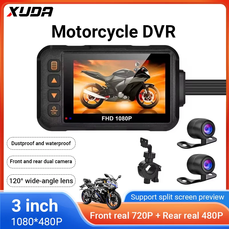 3 Inch Motorcycle Dashcam Waterproof Motorcycle Camera DVR Front 720P & Rear 480P Camera Video Loop Recorder Black Night Vision