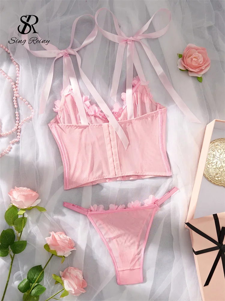 SINGREINY 3D Floral Mesh Sexy Lingerie Suits Bow Strap Slim Corset+Mini Briefs Ladies American Sheer Underwear Two Pieces Sets