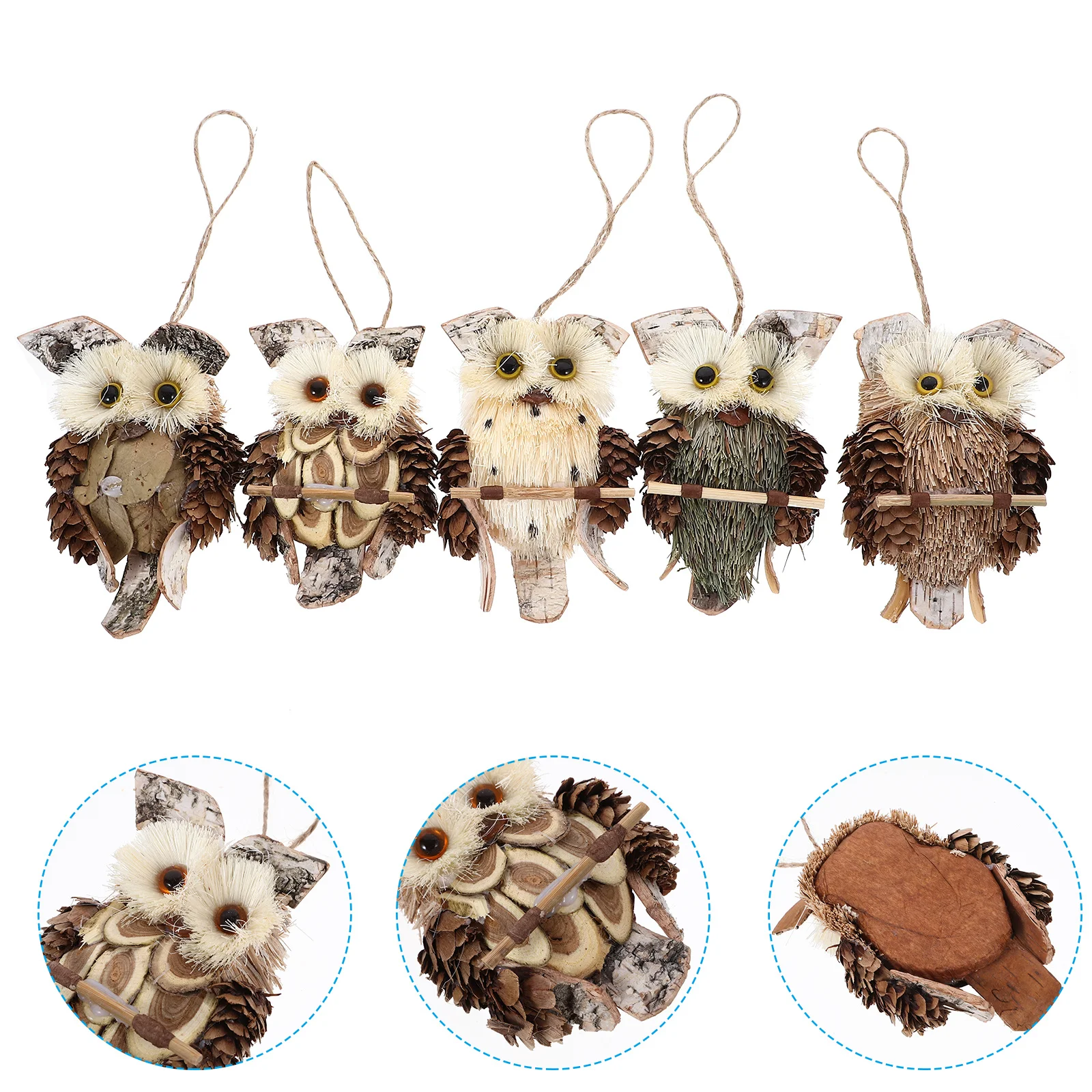 

5Pcs Creative Wall Decor Hanging Owl Garden Ornament Made of Wood and Straw for Patio Porch Home Adornment Hanging Owl Ornament