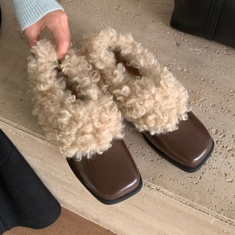 

New Women's Winter Shoes Fashion Plush Warm Loafers for Woman Exquisite Square Head Casual Shoes Designer Shoes Zapatos De Mujer