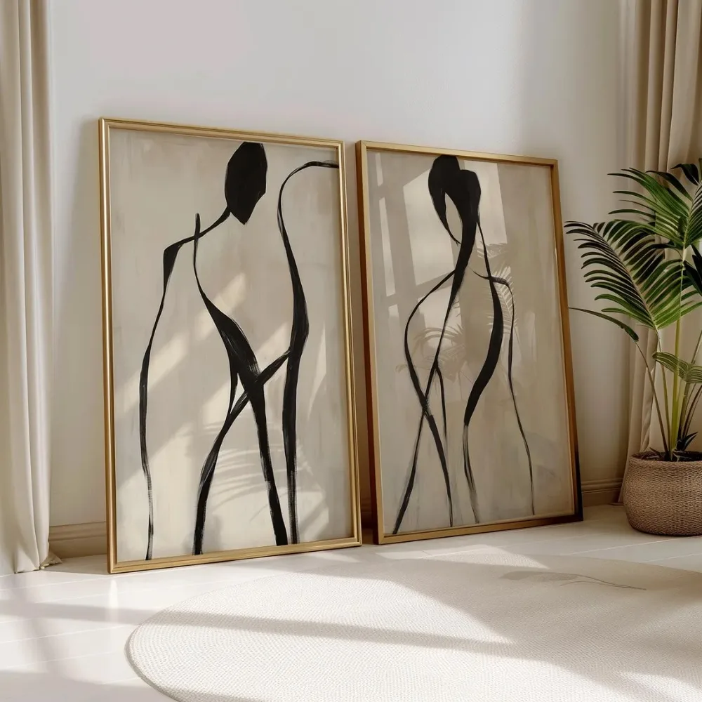 2pcs Frameless,Abstract Black Line Artwork,Simple Modern Character Black and Beige Canvas Painting,Living Room Wal Decoration